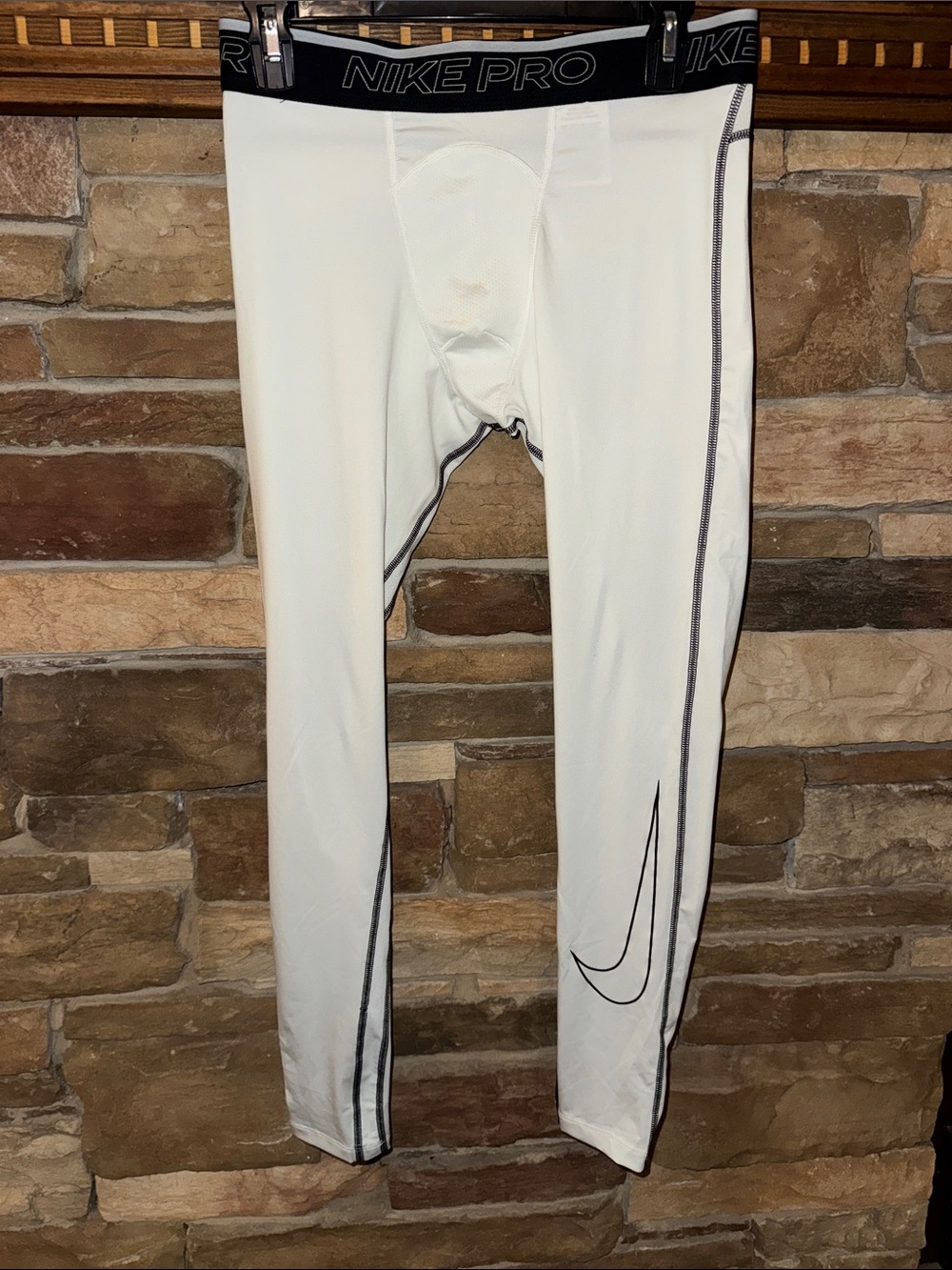 Nike Pro White Compression Base Layer Tights with Black Waistband & Swoosh